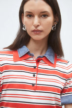 Cargar imagen en el visor de la galería, jersey-polo-mujer-rayas-rojas-negras-blancas-cuello-denim-arbol-shop