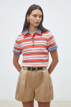 Cargar imagen en el visor de la galería, jersey-polo-mujer-rayas-rojas-negras-blancas-cuello-denim-arbol-shop