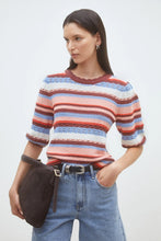 Cargar imagen en el visor de la galería, jersey-polo-hombre-punto-calado-rayas-marron-azul-estilo-vintage-arbol-shop-vaquero-short-verano