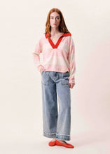 Load image into Gallery viewer, jersey-polo-mujer-punto-calado-blanco-cuello-marron-rayas-arbol-shop