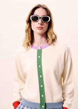Load image into Gallery viewer, cardigan-mujer-punto-crema-color-block-verde-lila-azul-arbol-shop