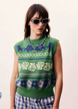 Cargar imagen en el visor de la galería, chaleco-punto-mujer-verde-estampado-peces-conchas-flores-estilo-retro-arbol-shop