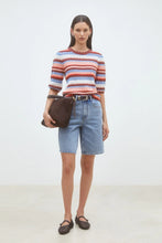 Cargar imagen en el visor de la galería, jersey-polo-hombre-punto-calado-rayas-marron-azul-estilo-vintage-arbol-shop-vaquero-short-verano
