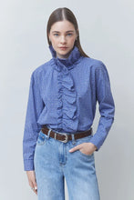 Cargar imagen en el visor de la galería, Camisa estilo victoriano con pedrería cuadros azul
