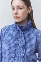 Cargar imagen en el visor de la galería, Camisa estilo victoriano con pedrería cuadros azul
