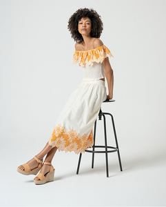Falda midi con bordado suizo BLANCO