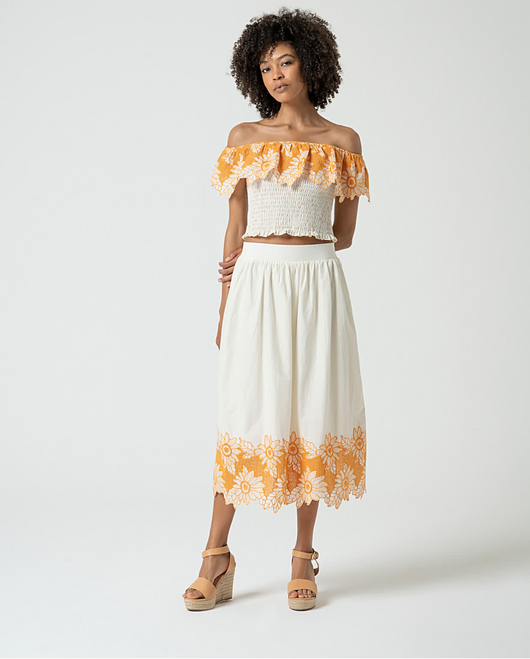Falda midi con bordado suizo BLANCO