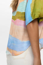 Cargar imagen en el visor de la galería, camisa-satinada-manga-corta-mujer-estampado-paisaje-abstracto-arbol-shop
