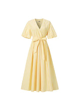Load image into Gallery viewer, Vestido midi cruzado Rayas Amarillo
