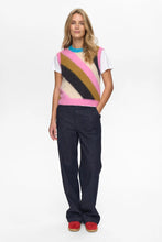 Cargar imagen en el visor de la galería, chaleco-punto-mujer-rayas-diagonales-rosa-ocre-negro-cuello-azul-arbol-shop
